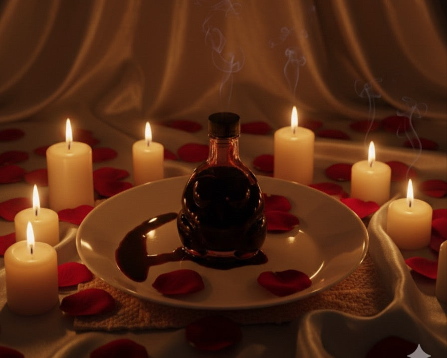 Bottle of chocolate sauce on a plate with lit candles and rose petals in the background