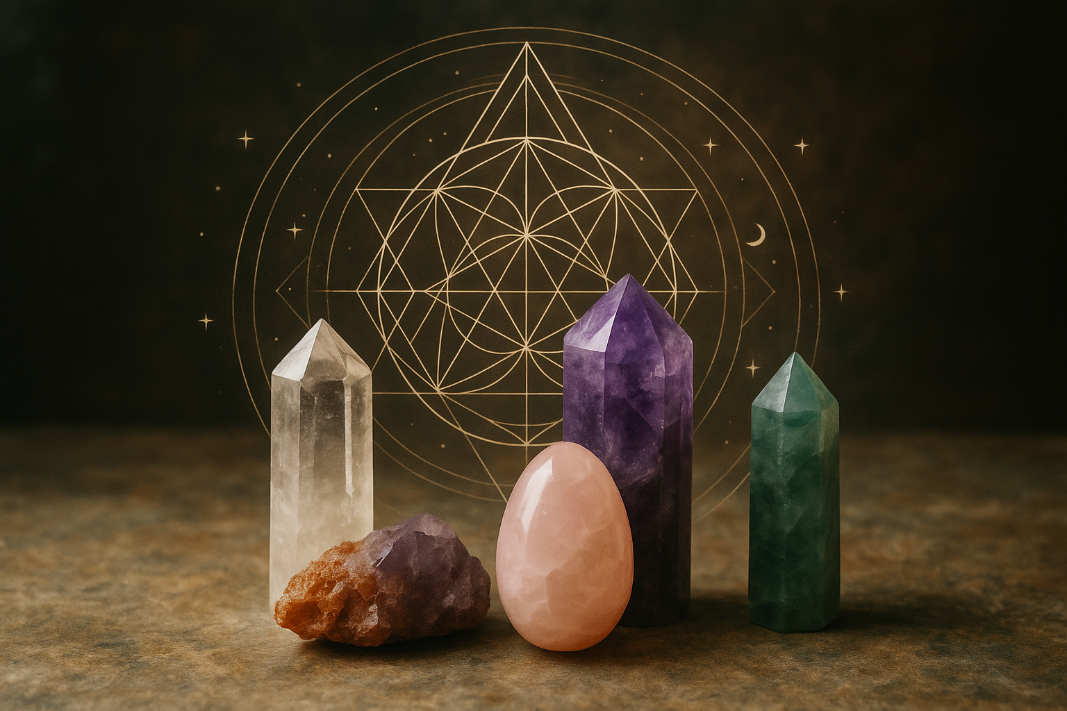 Crystal stones with a geometric design on a dark background