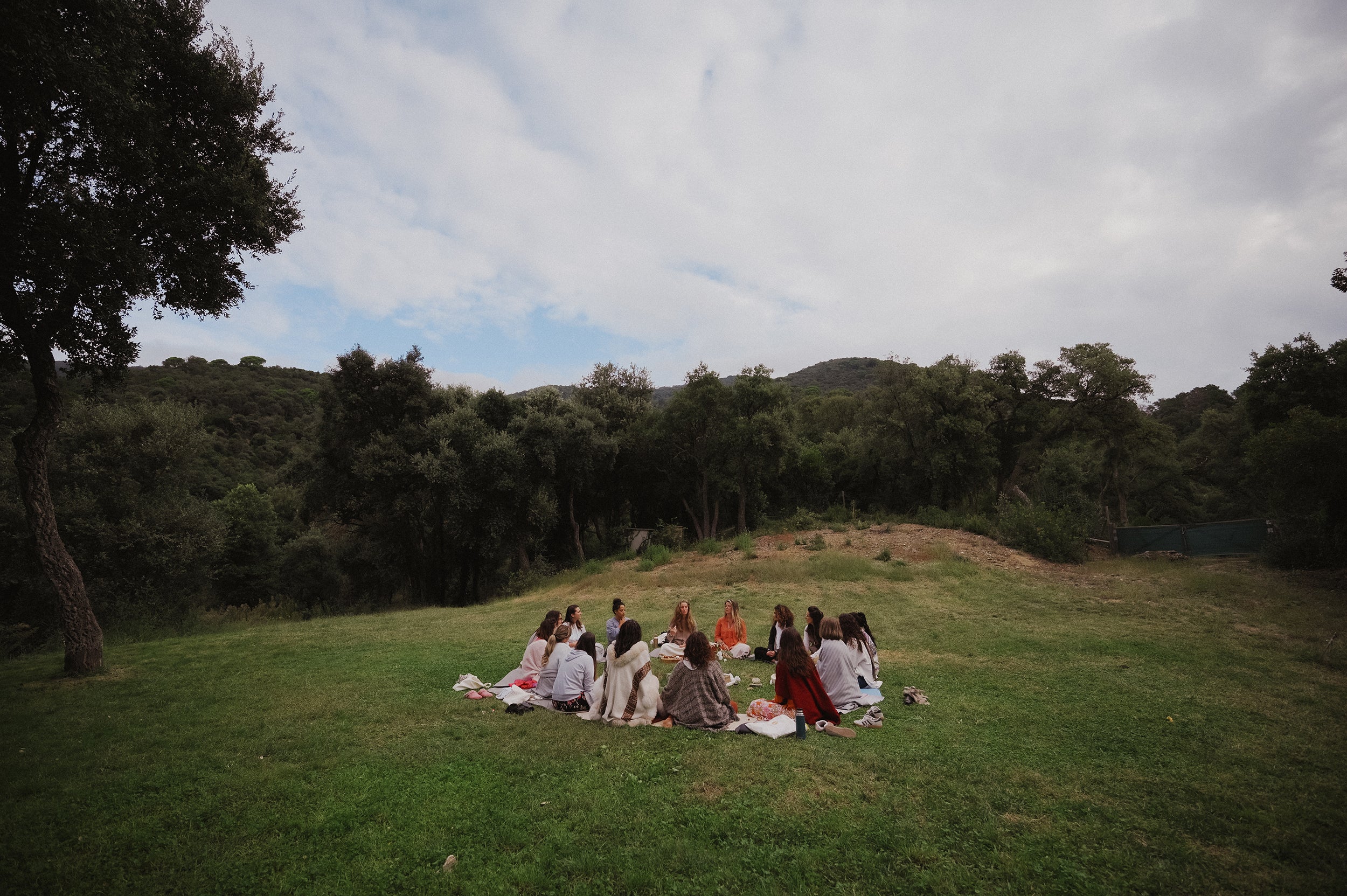 Group of people sitting on a blanket in a grassy field with trees and a cloudy sky.