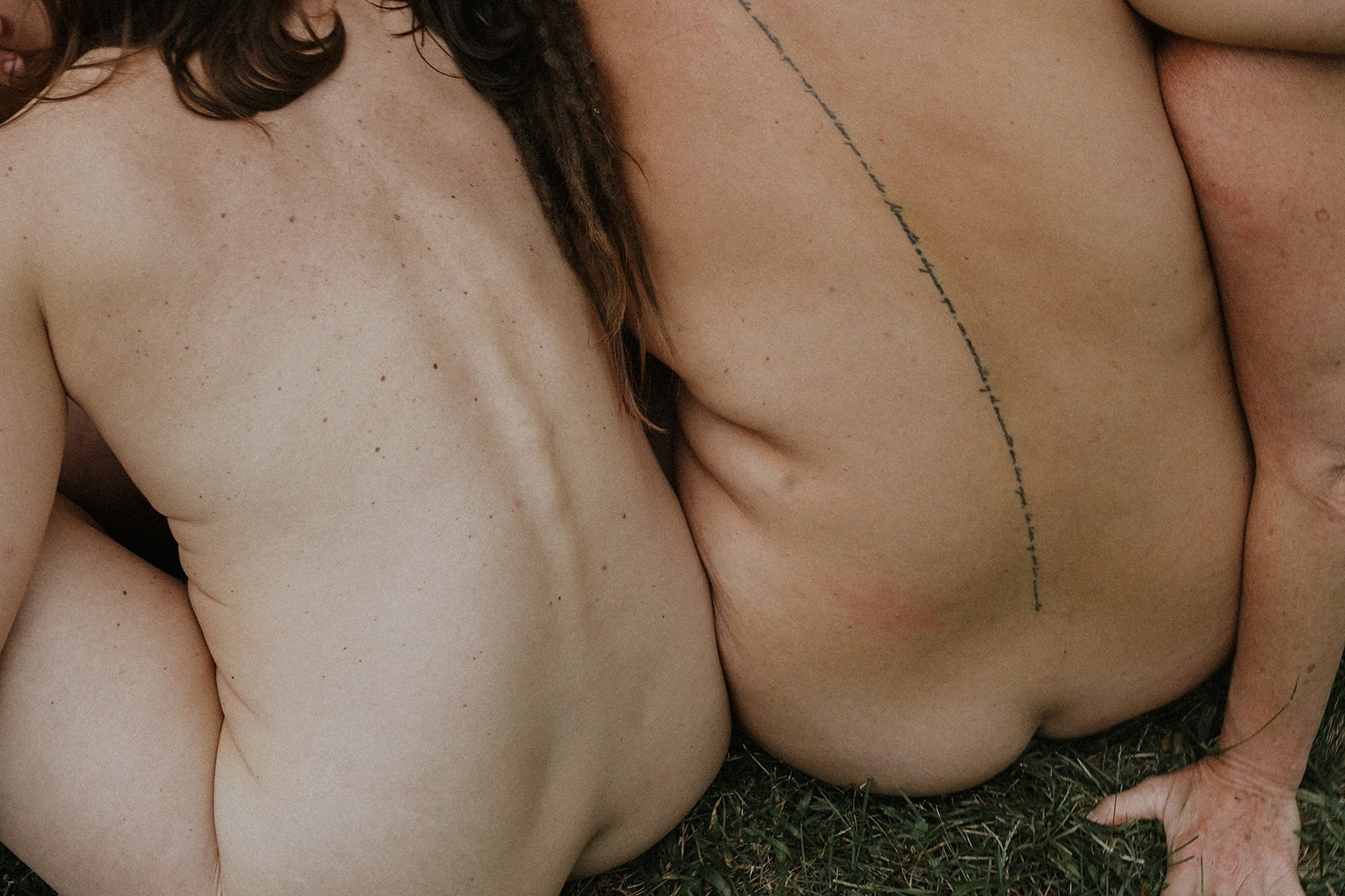 Two people sitting on grass with their backs to the camera