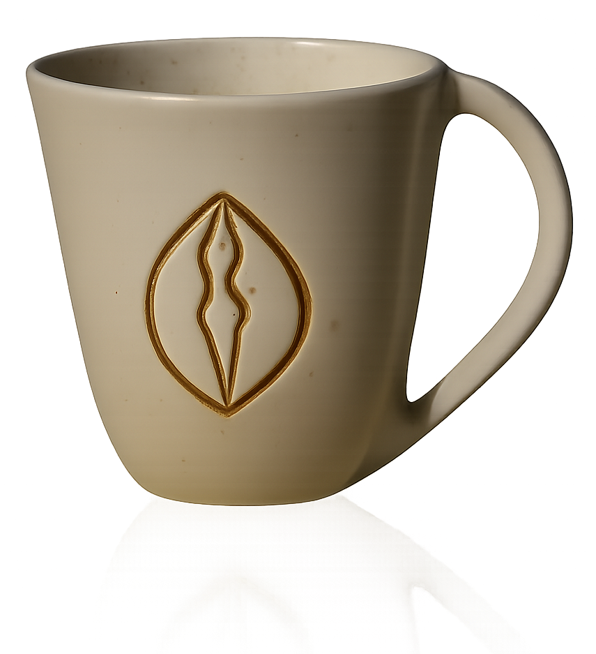 Beige mug with a brown leaf-like design on a white background