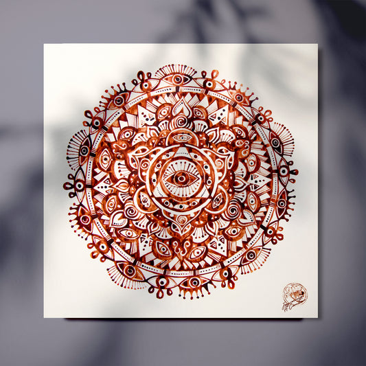 A printed artwork featuring a geometric pattern with multiple eyes and a central eye design, predominantly in red and black colors on a white background.